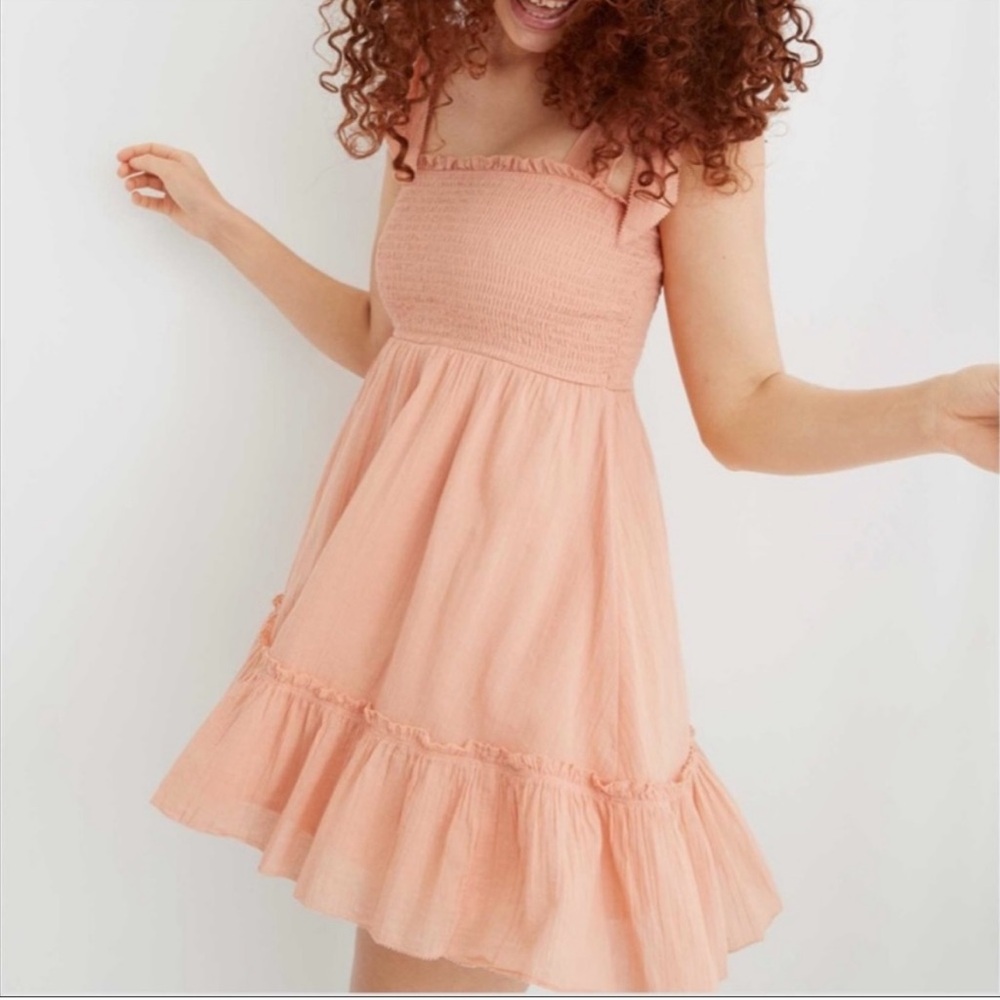 Aerie All Day Smocked Mini Dress Peach Tie Straps S